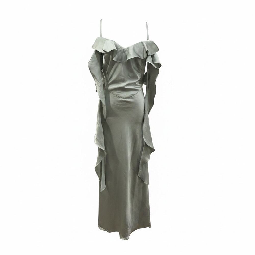 Cider Sage Green Satin Ruffle Slip Maxi Dress Bridesmaid Romantic 3XL Wedding